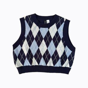 Divided Cropped Argyle Navy Knit Sweater Vest Crop Top Y2K Preppy Academia Sz L